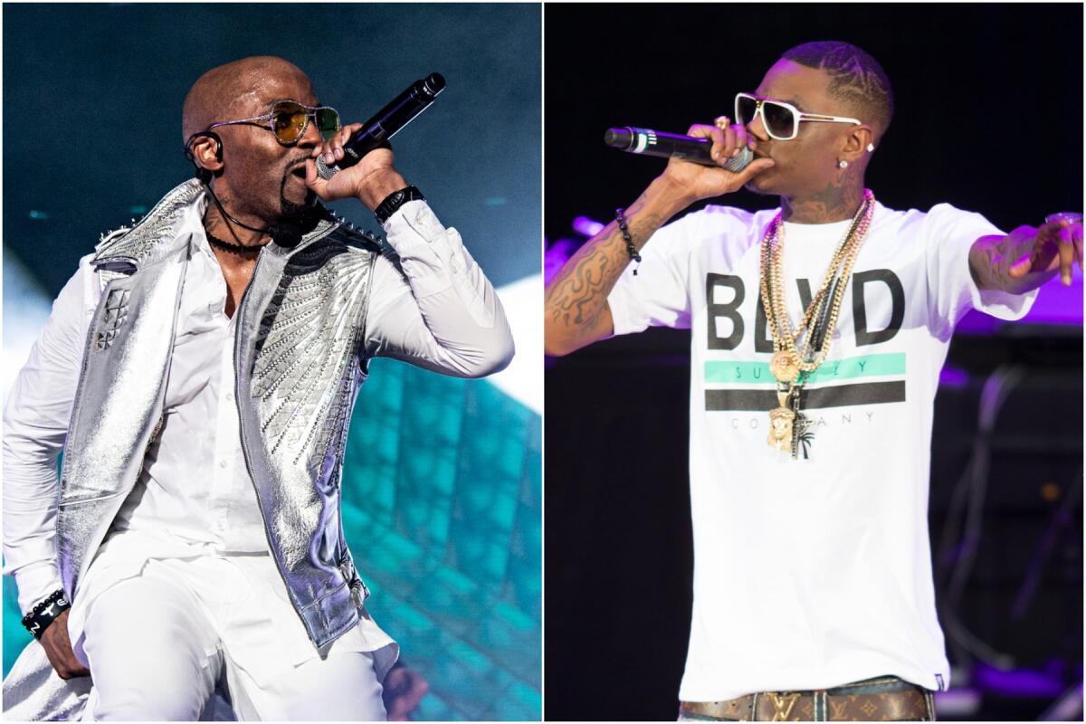 A split image of two different men wearing sunglasses and holding microphones to their mouths on stages