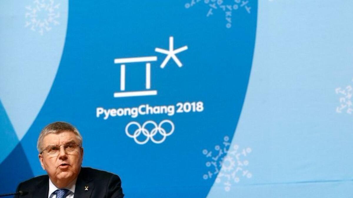 IOC President Thomas Bach speaks at a news conference days before the start of the 2018 Winter Olympics in Pyeongchang.