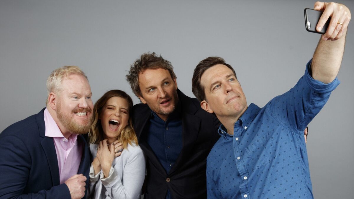 The cast of "Chappaquiddick" — Jim Gaffigan, left, Kate Mara, Jason Clarke and Ed Helms — at the Toronto International Film Festival last fall.