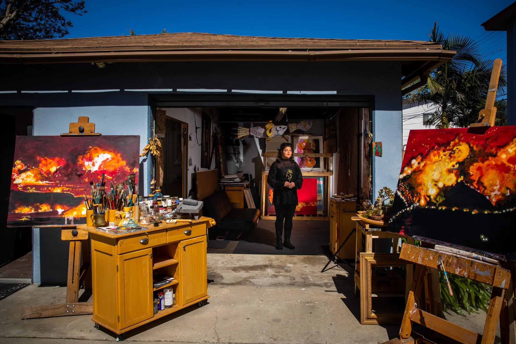 Painter Sandy Rodriguez, whose work is inspired by ancient indigenous techniques, in her Mar Vista studio