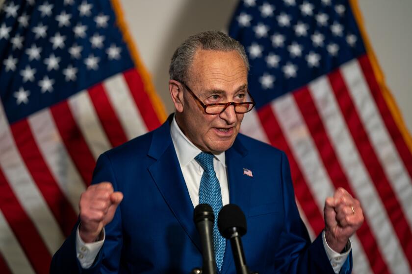 WASHINGTON, DC - APRIL 20: Senate Majority Leader Chuck Schumer (D-NY) takes questions from members of the media during a news conference following a Senate Democratic policy luncheon on Capitol Hill on Tuesday, April 20, 2021 in Washington, DC. (Kent Nishimura / Los Angeles Times)