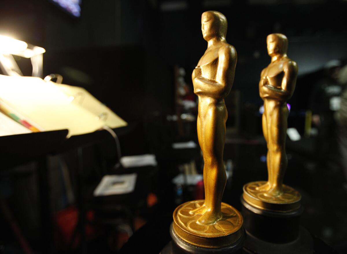 Prop Oscar statues during rehearsals at the Dolby Theater.