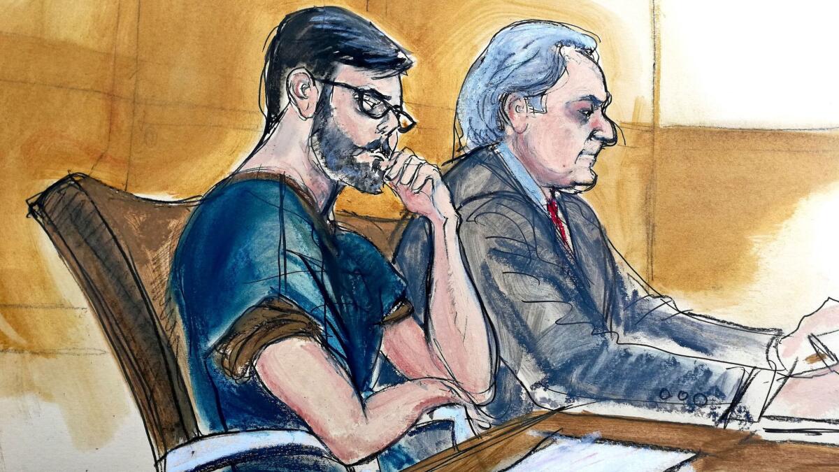 A courtroom sketch shows former Martin Shkreli, left, seated next to defense lawyer Ben Brafman on Feb. 23 in New York.