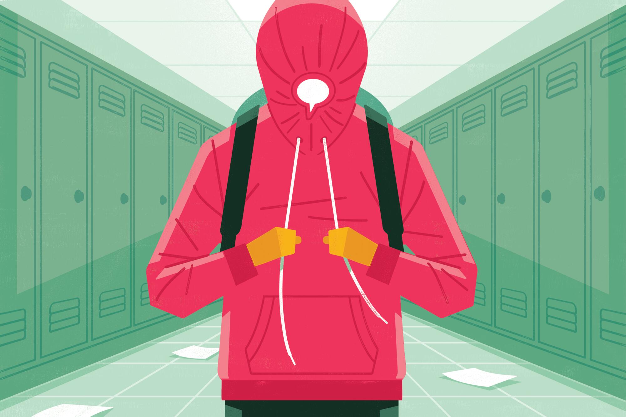 Illustration of a figure in a sweatshirt pulling the hood closed to the shape of a talk balloon.