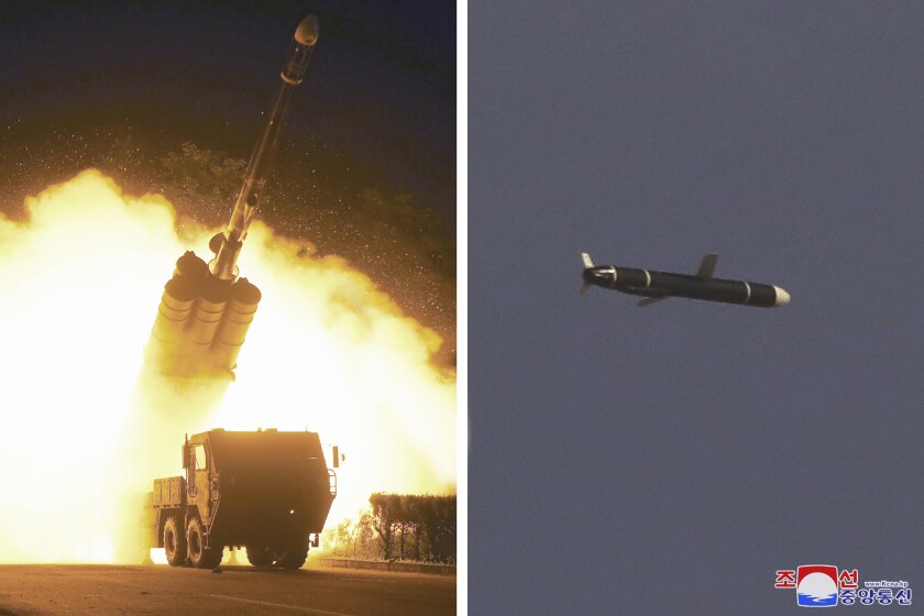 Combination of photos shows a blastoff from a giant vehicle and a flying missile