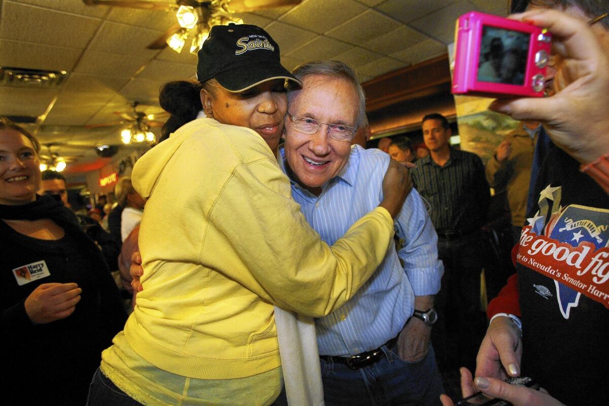 Senate Majority Leader Harry Reid (D-Nev.) hugs a supporter during a 2010 campaign stop to his hometown of Searchlight, Nev.
