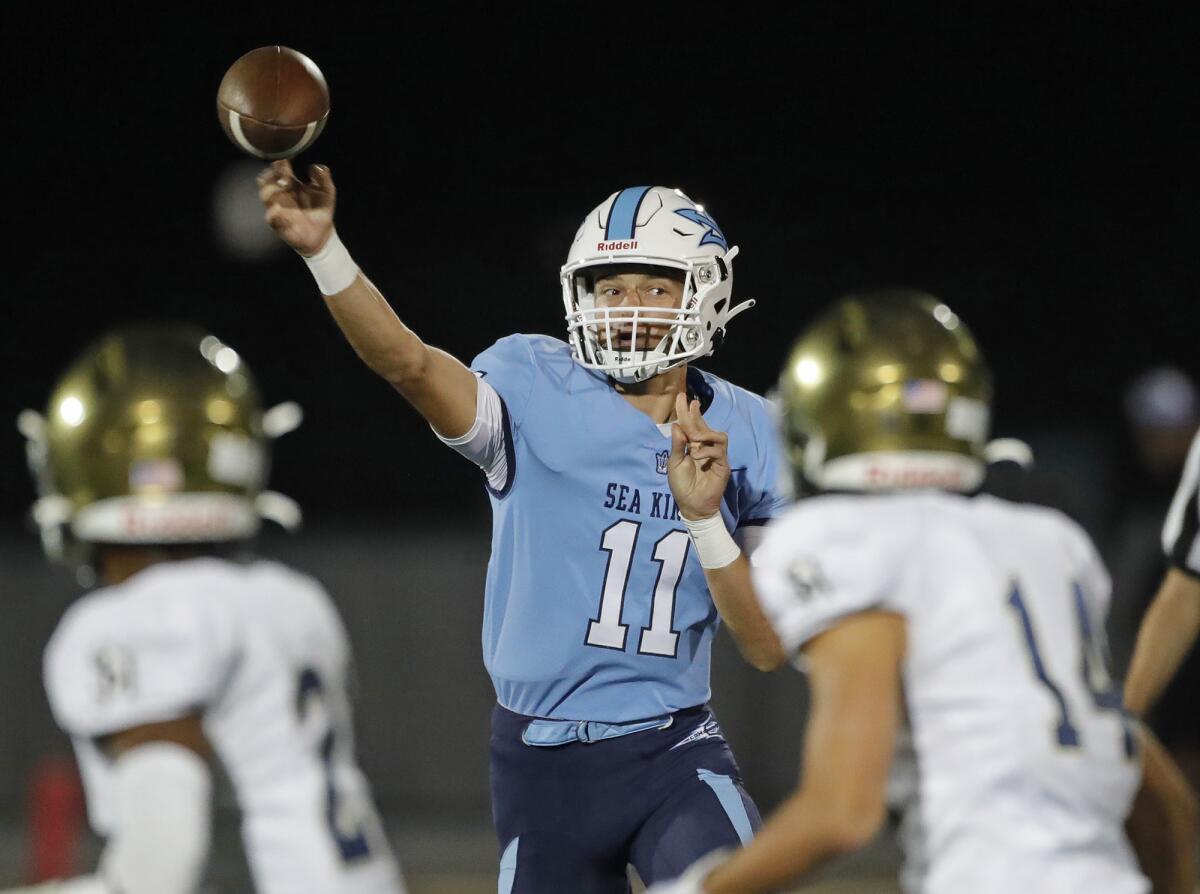 Corona del Mar's Kaleb Annett (11), seen against San Juan Hills on Sept. 15, has committed to Boise State.