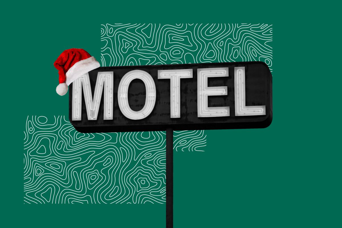 Illustration of a motel sign with a Santa hat on it
