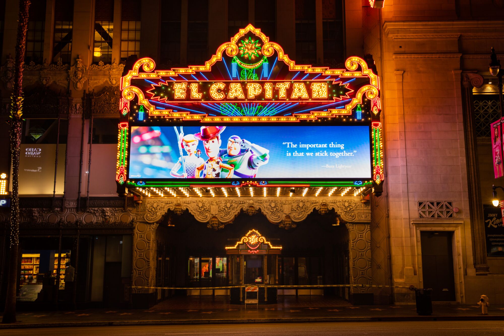 Disney Pixar characters are seen on the marquee of the closed El Capitan Theatre in the heart of Hollywood.