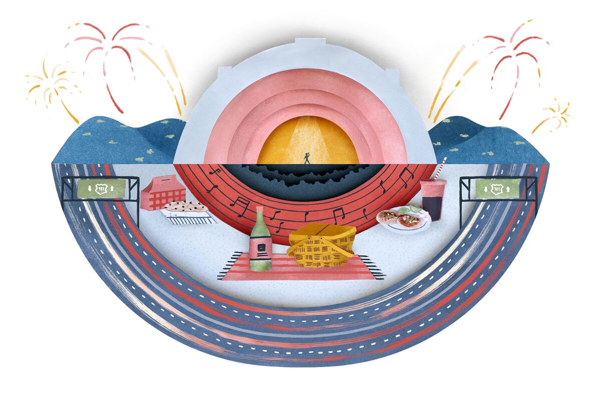 An illustration of the Hollywood Bowl with fireworks, picnics.