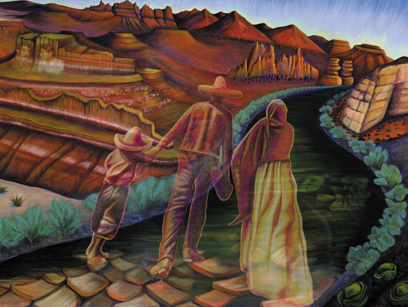 A Southwestern landscape shows the ghostly outlines of a Mexican family over its contours.