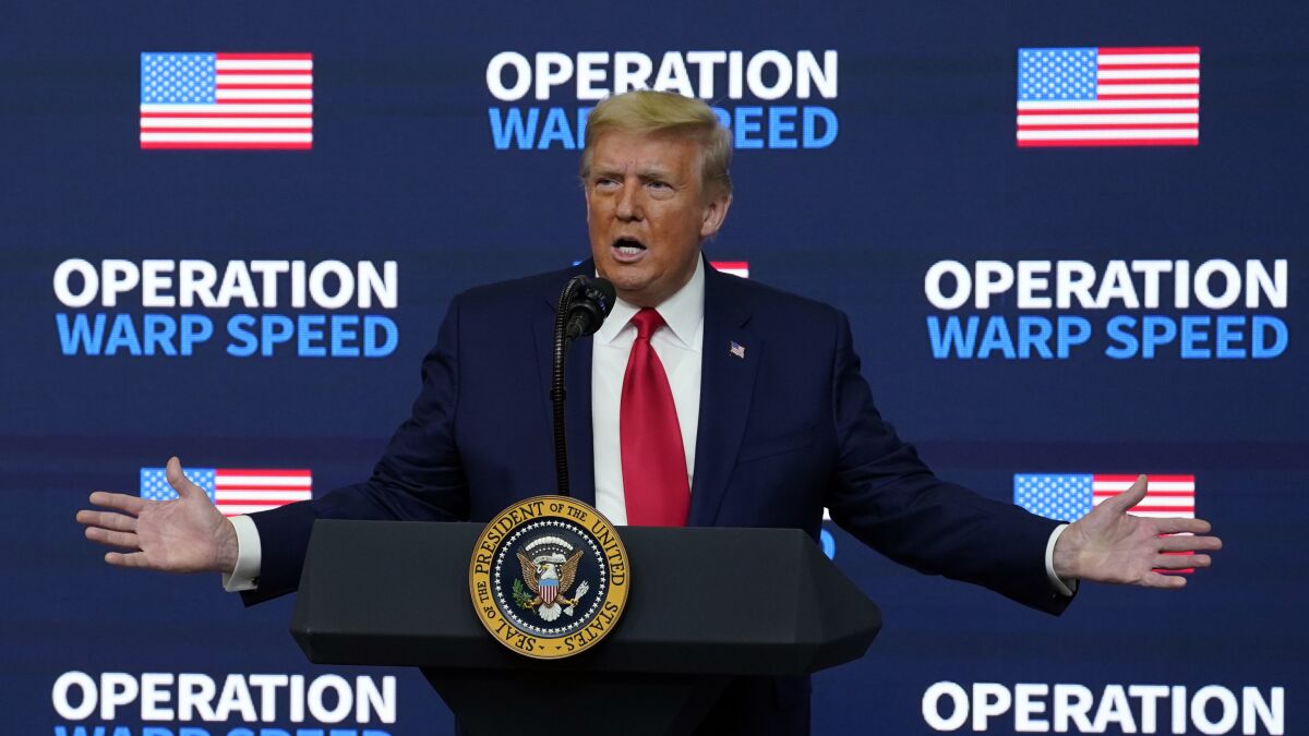 President Donald Trump speaks during an "Operation Warp Speed Vaccine Summit" on the White House complex, Tuesday, Dec. 8, 2020, in Washington. (AP Photo/Evan Vucci)