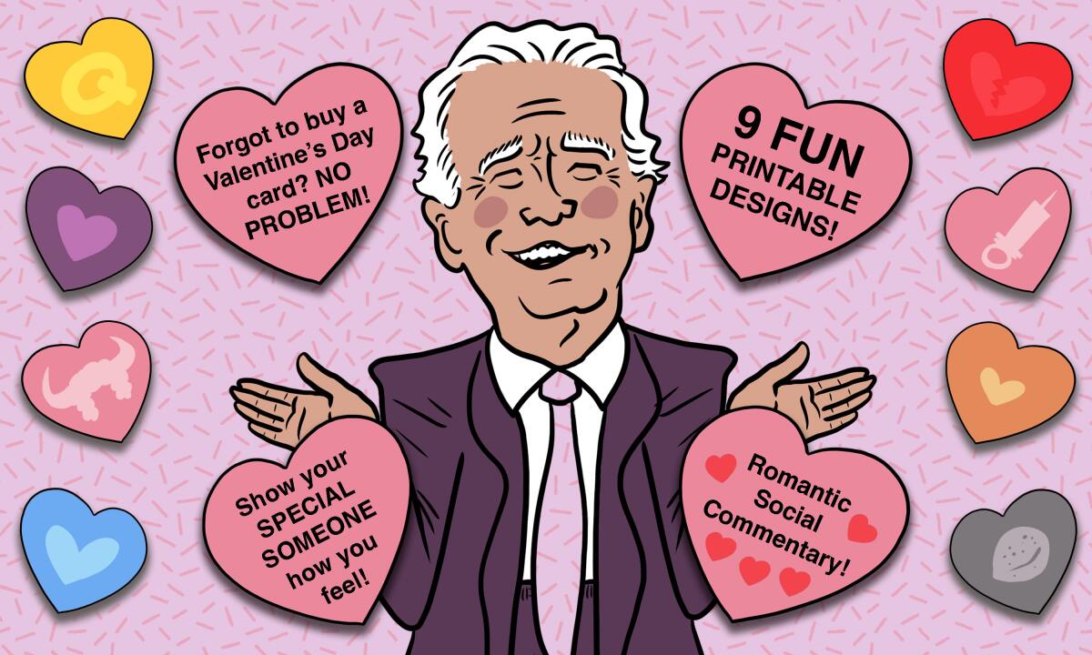 An illustration of Biden with slogans in hearts to promote Valentine's Day