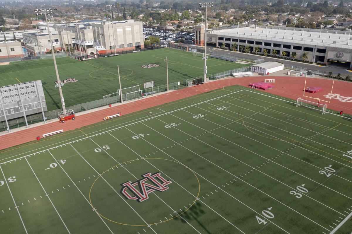 An aerial view of a football field.