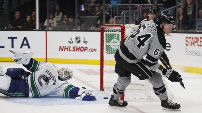 Kings' Matt Luff, right, skates past Vancouver Canucks goaltender Jacob Markstrom after scoring a goal during the second period.