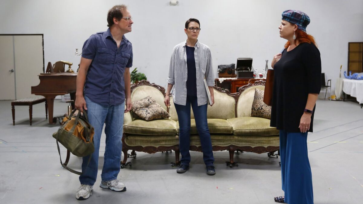 Jim Stanek, Amanda Naughton and Bets Malone (from left) rehearse a scene from "Fun Home" at the Rep.