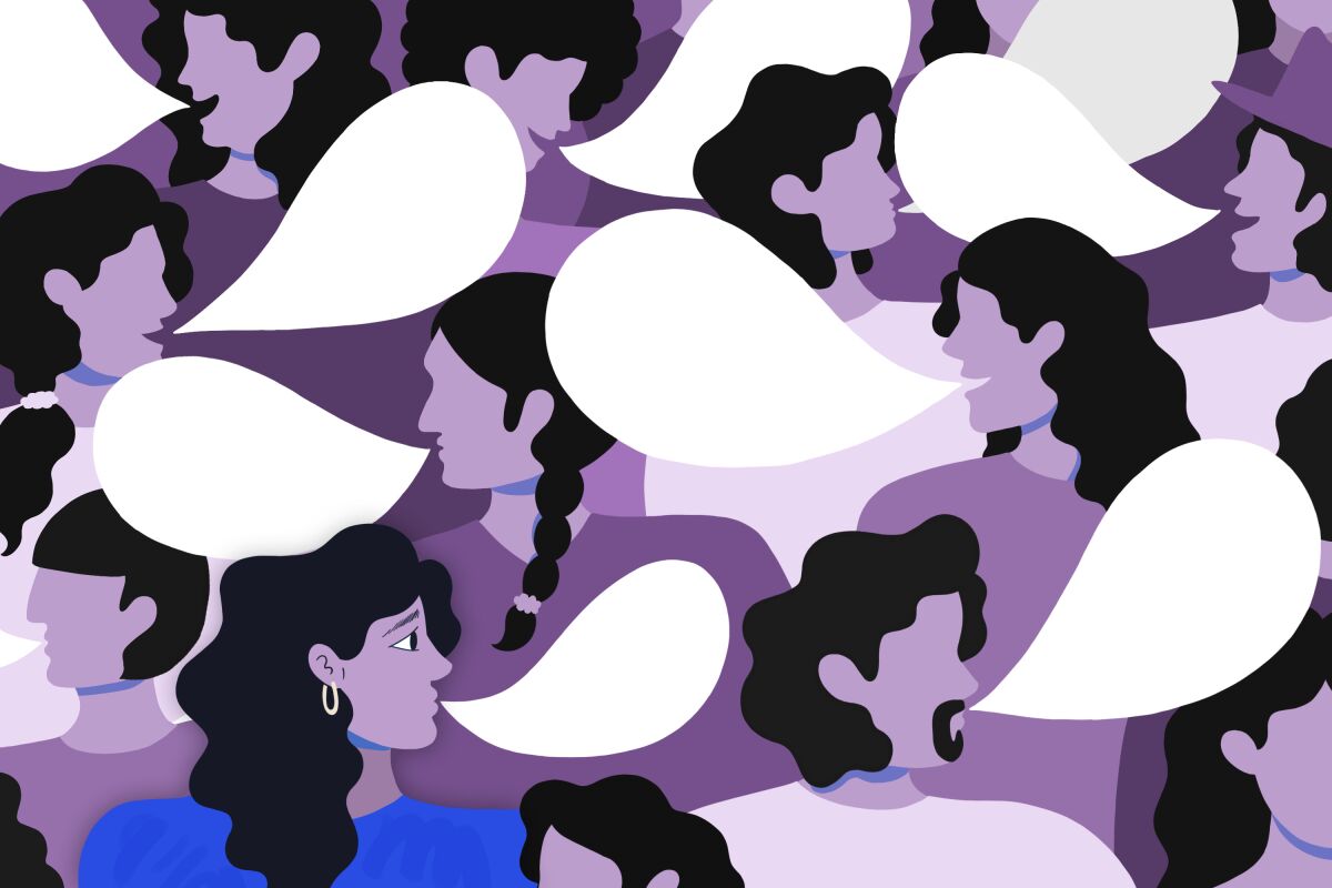 Multiple figures in shades of purple and blue with empty speech bubbles.
