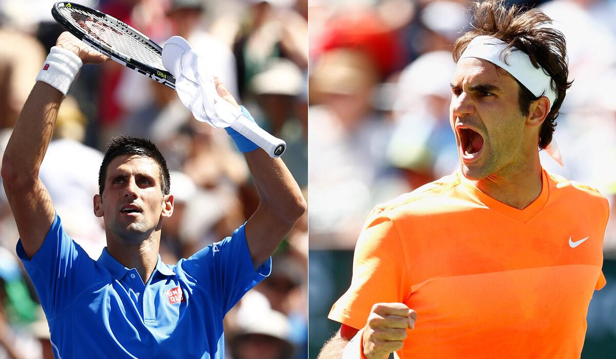 Novak Djokovic, left, and Roger Federer will meet Sunday in the BNP Paribas Open final at Indian Wells.