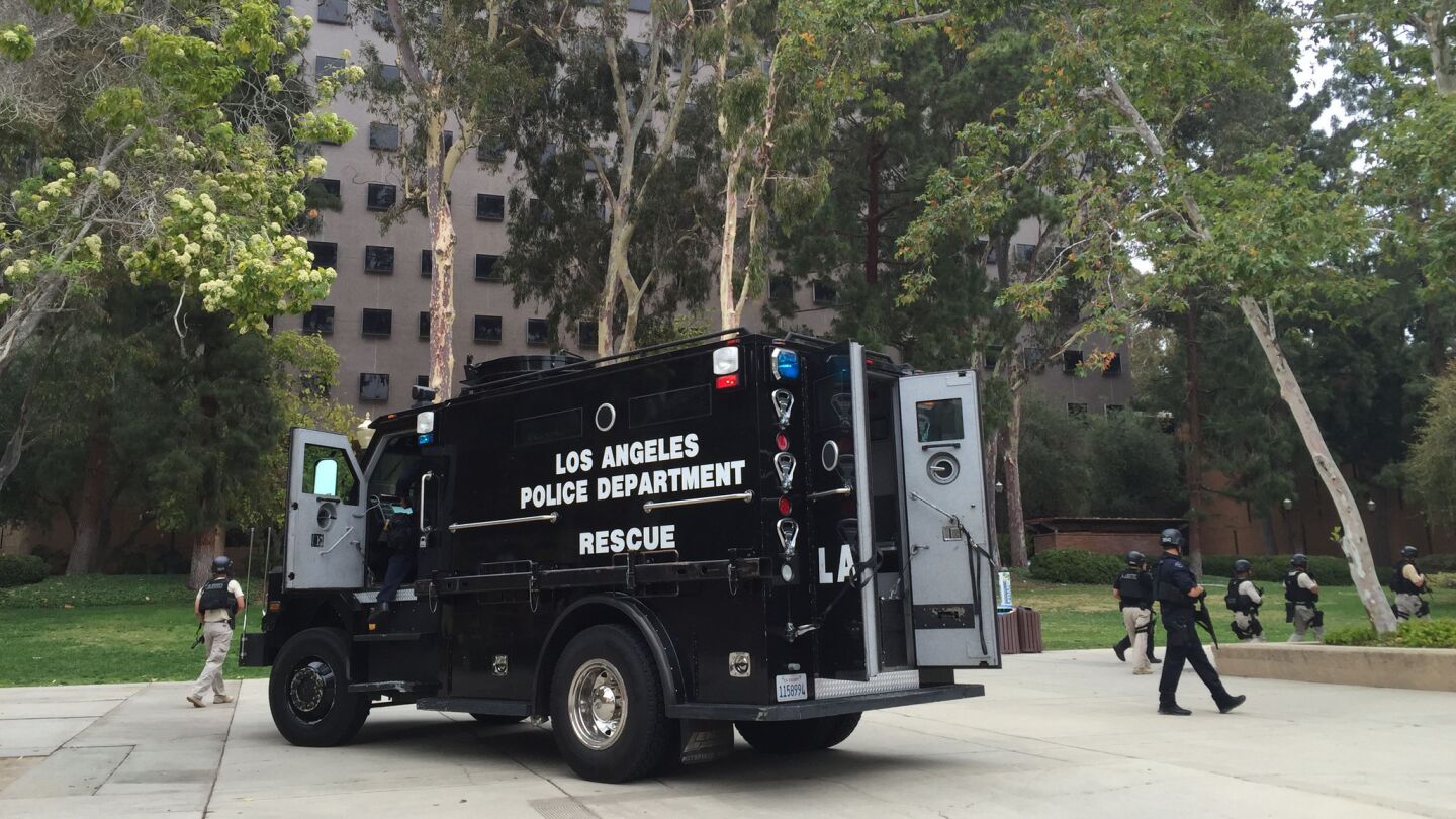 Police officers respond to a shooting at UCLA on Wednesday morning.