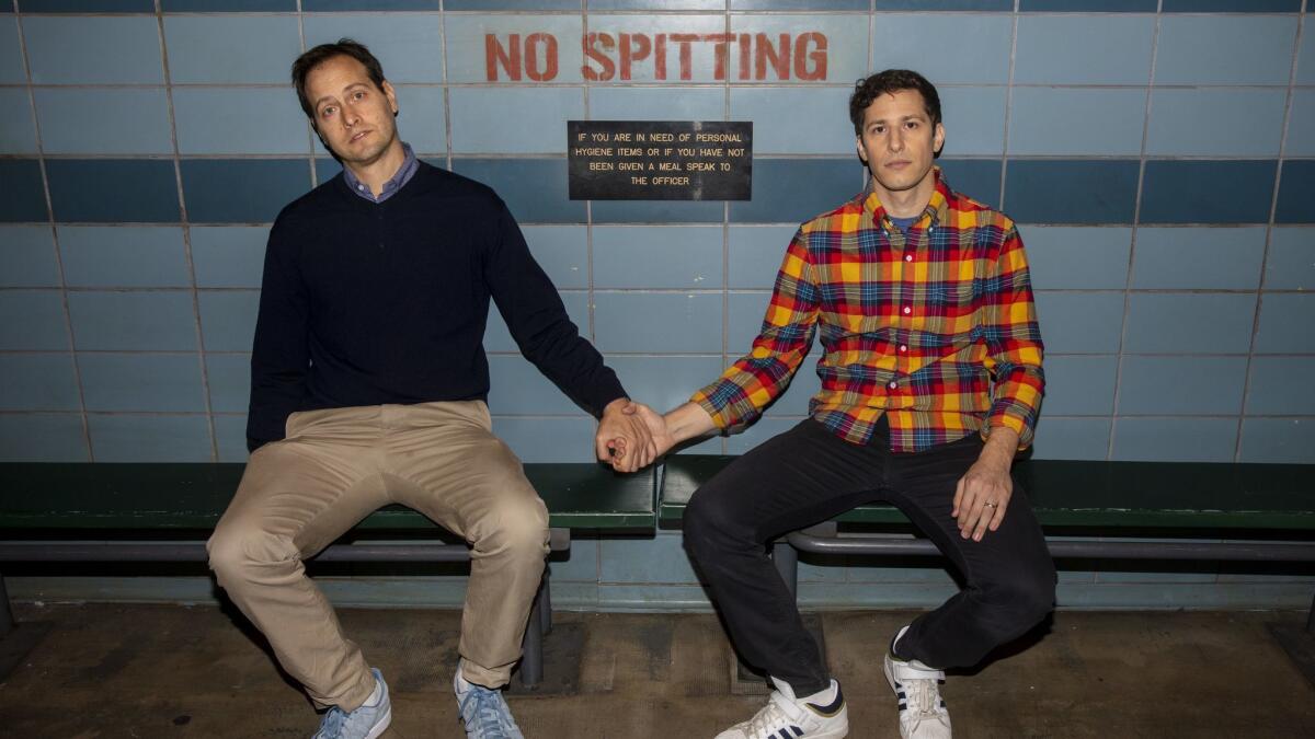 Showrunner Dan Goor, left, poses for portraits with actor Andy Samberg, on a set for TV's "Brooklyn Nine-Nine."
