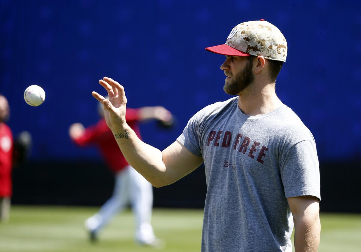 Washington left fielder Bryce Haprer, shown back in May, has been on the disabled list since April because of a torn ligament in his left thumb.