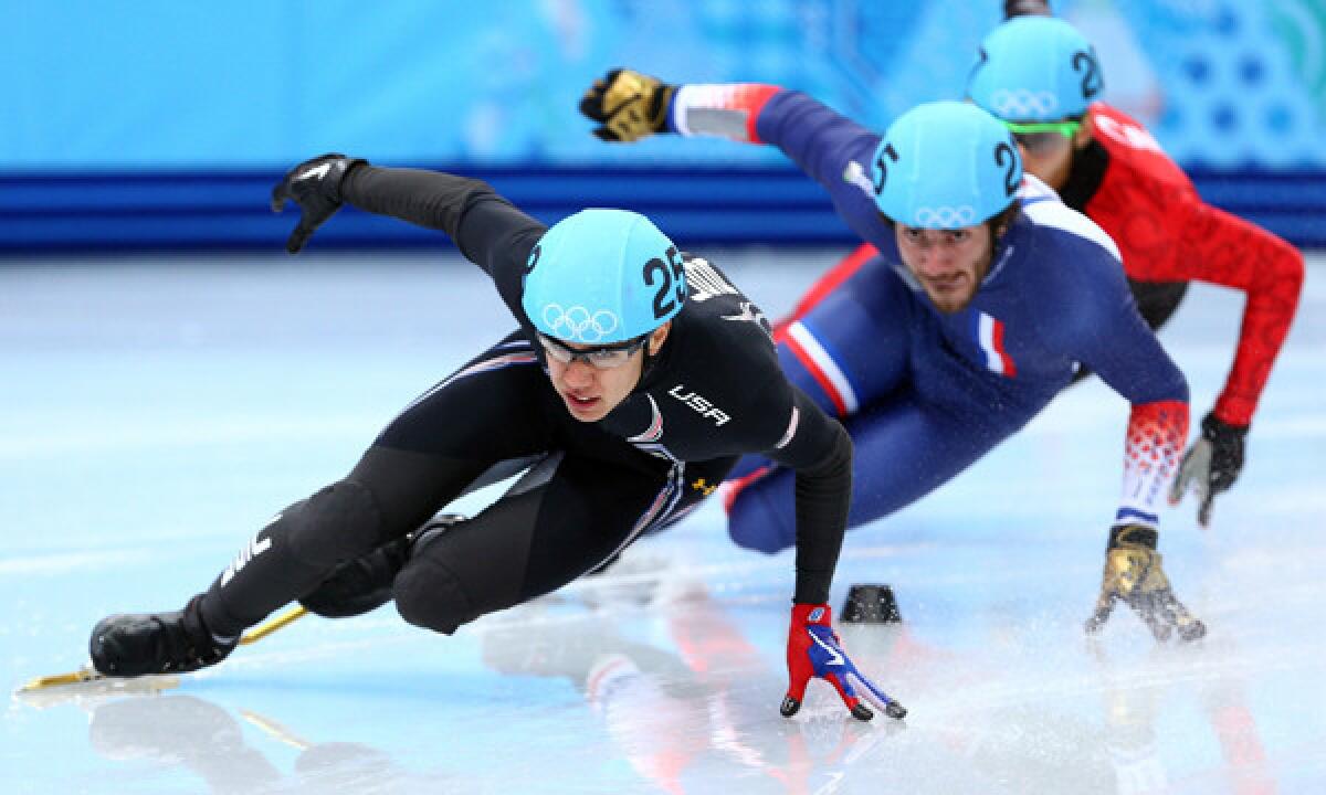 American J.R. Celski, front, leads the pack during a men's short-track speedskating 500-meter heat at the Sochi Winter Olympic Games on Tuesday. The United States is still looking for its first 2014 Olympics medal in short-track speedskating.