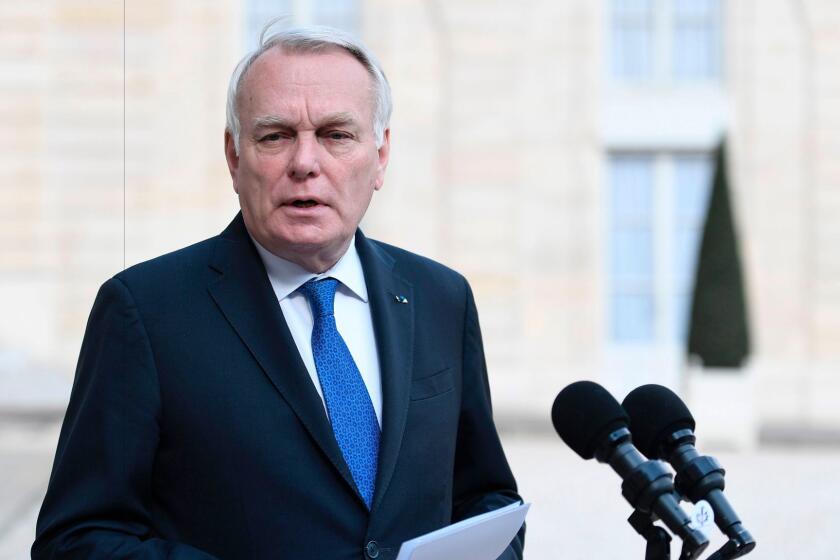 French Foreign Minister Jean-Marc Ayrault gives a statement to the media following a Defence Cabinet meeting on April 26, 2017 at the Elysee Palace in Paris. A report by French intelligence services blames the Syrian President's regime for a suspected chemical attack in rebel-held Syria that killed 87 people, Foreign Minister Jean-Marc Ayrault said Wednesday. / AFP PHOTO / STEPHANE DE SAKUTINSTEPHANE DE SAKUTIN/AFP/Getty Images ** OUTS - ELSENT, FPG, CM - OUTS * NM, PH, VA if sourced by CT, LA or MoD **