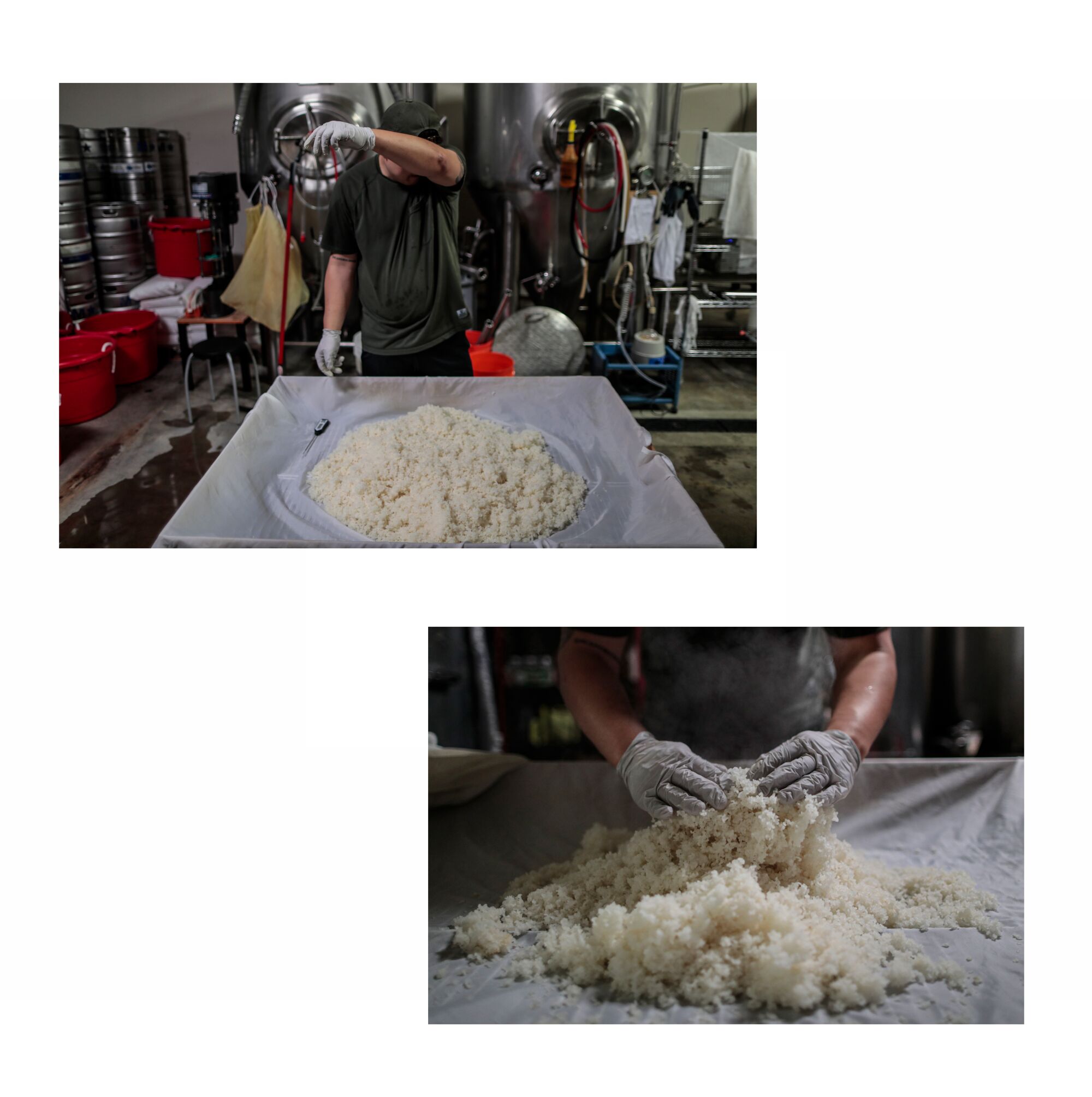 Top: A man wipes sweat from his forehead as he stands behind a table with a giant pile of rice
Bottom: hands handle rice