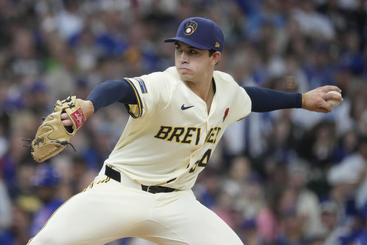 Milwaukee Brewers pitcher Robert Gasser throws during the second inning of a baseball game against the Chicago Cubs Monday, May 27, 2024, in Milwaukee. (AP Photo/Morry Gash)