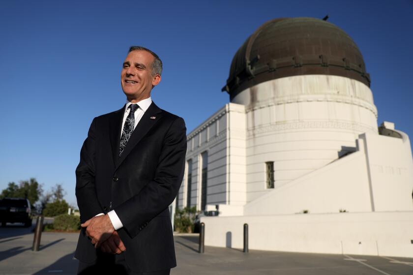 LOS ANGELES, CA - APRIL 19: Los Angeles Mayor Eric Garcetti after holding his annual State of the City address from the Griffith Observatory Monday, April 19, 2021 in Los Angeles, CA. (Gary Coronado / Los Angeles Times)