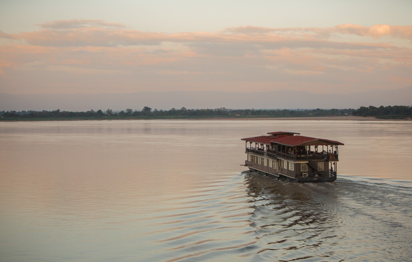 The Vat Phou boat, a floating hotel cruising on the Mekong river in southern Laos