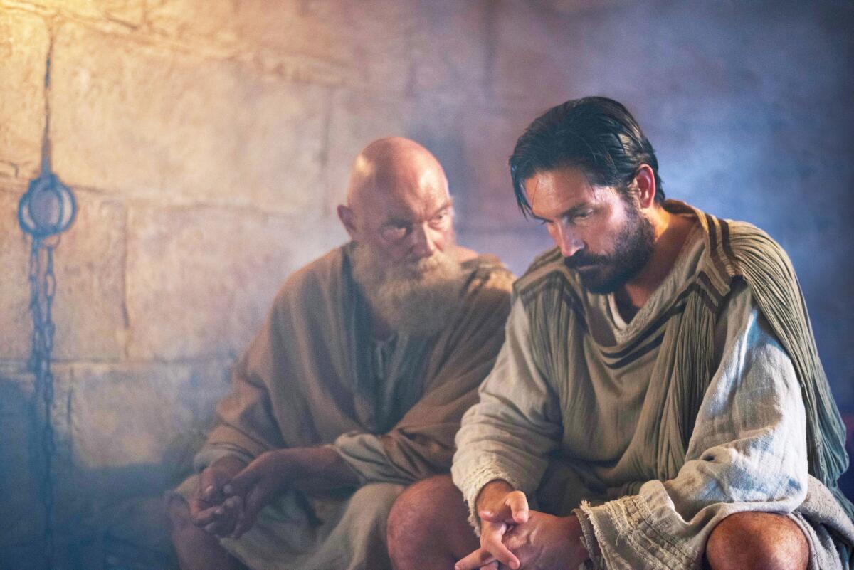 James Faulkner as Paul, left, and Jim Caviezel as Luke in "Paul, Apostle of Christ"
