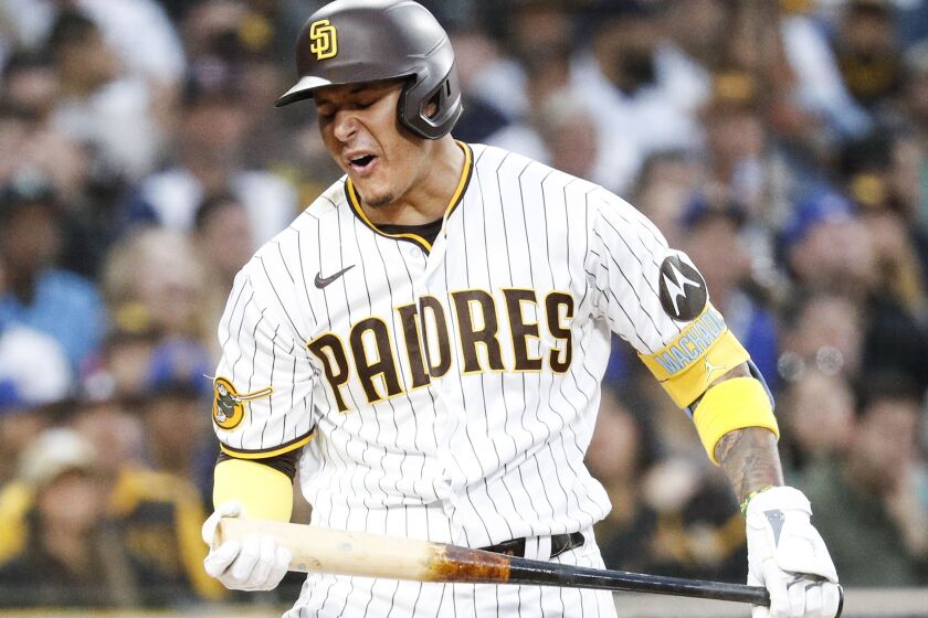 San Diego, CA - June 06: Padres third baseman Manny Machado (13) reacts after striking out against the Mariners during the fourth inning at Petco Park on Tuesday, June 6, 2023 in San Diego, CA. (Meg McLaughlin / The San Diego Union-Tribune)