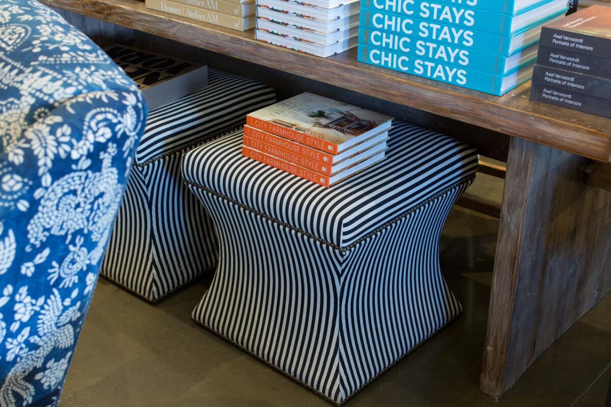 A striped modular ottoman at Juxtaposition Home. 