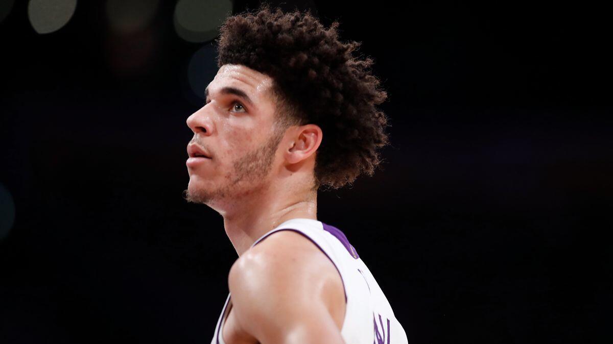 Lakers guard Lonzo Ball in the game against the Memphis Grizzlies on Sunday at Staples Center.