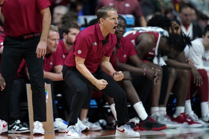 Arkansas head coach Eric Musselman reacts on the bench in the second half of a second-round college basketball game against Kansas in the NCAA Tournament, Saturday, March 18, 2023, in Des Moines, Iowa. (AP Photo/Charlie Neibergall)