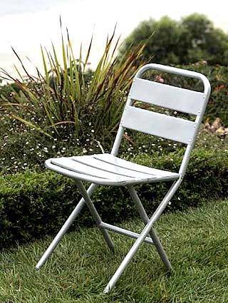 Coffeehouse cool The wide slats, attractive matte silver finish and lightweight aluminum construction give this accordion folding chair a heavyweight look for alfresco latte hour. $29.95 from Crate & Barrel.