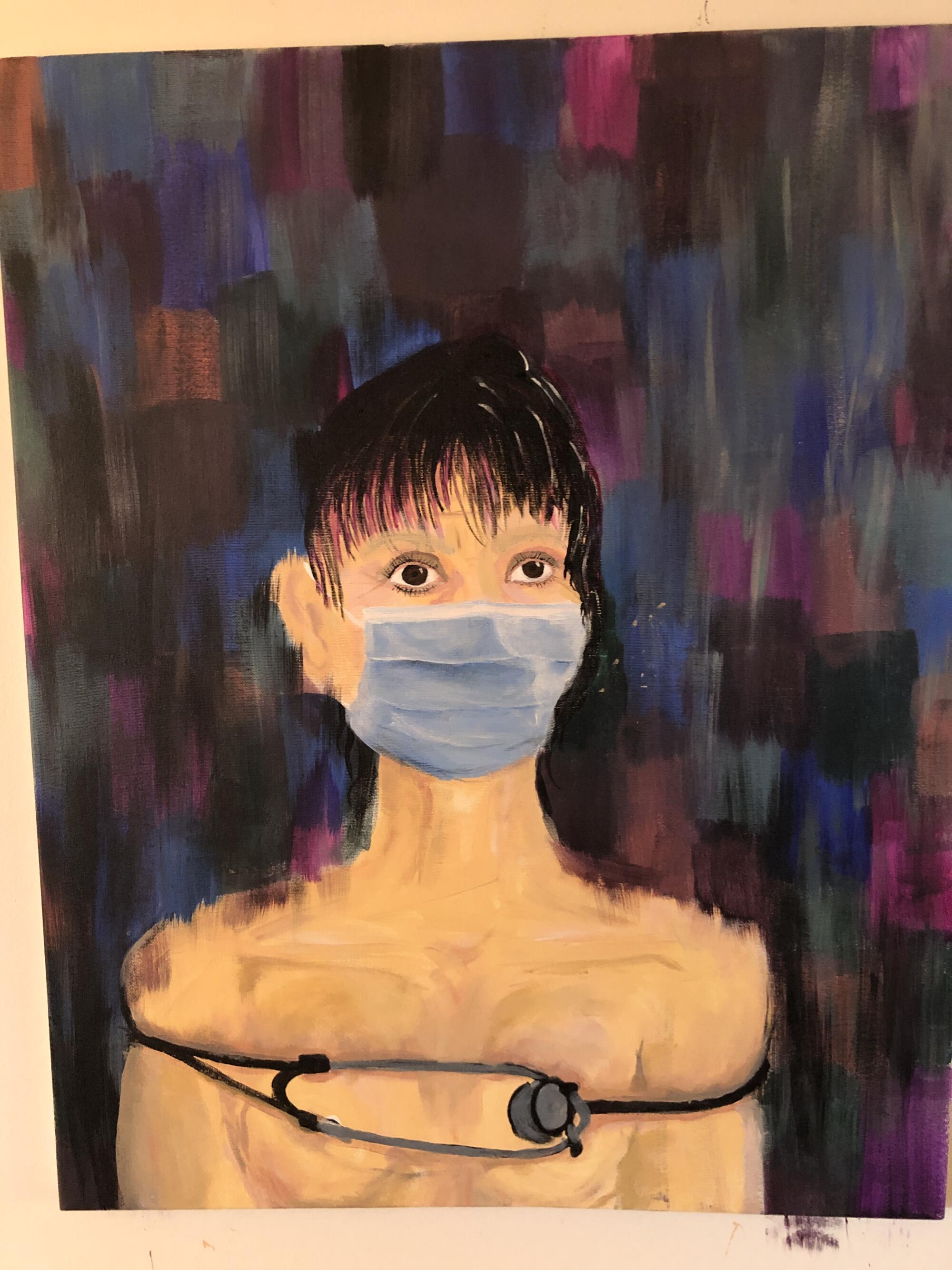 Painting of a masked medical worker bound in a stethescope