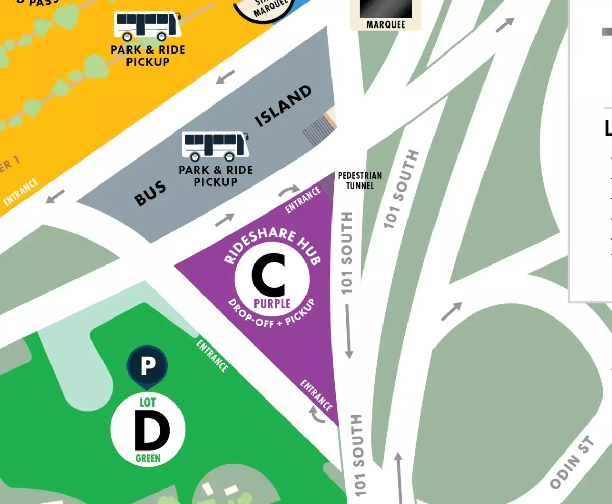 A colorful map of the area adjacent to the Hollywood Bowl. A purple triangle in the center depicts a rideshare lot