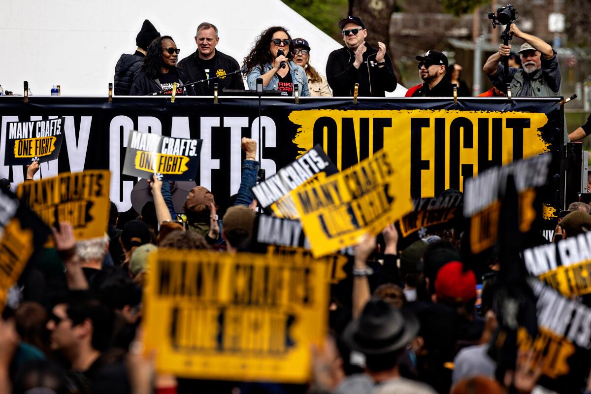 Encino, CA - March 03: Lorena Gonzalez, Executive Director, California Federation of Labor speaks at a rally where Hollywood crew members union IATSE gather at Woodley Park to kick off their contract negotiations with the major studios on Sunday, March 3, 2024 in Encino, CA. (Jason Armond / Los Angeles Times)