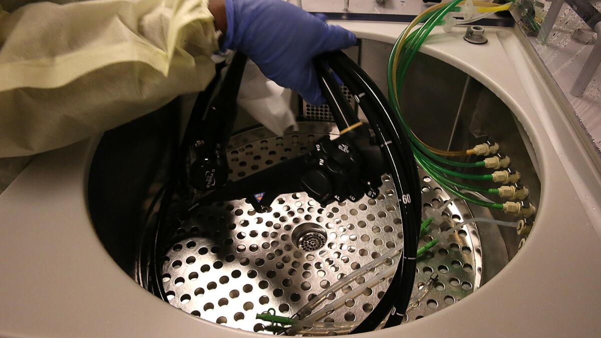 An Olympus duodenoscope is cleaned in the gastrointestinal unit at L.A. County/USC Medical Center.