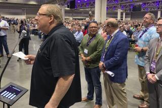 Rick Warren, founding pastor of Saddleback Church in Southern California, makes an appeal to the Southern Baptist Convention, during an annual meeting held in New Orleans on Tuesday, June 13, 2023, to let his church, one of the largest in the nation, back into the denomination. The SBC Executive Committee expelled Saddleback for having as women pastors. (AP Photo/Peter Smith)