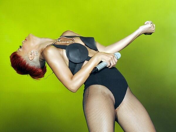 Barbadian singer Rihanna performs on stage during the Rock in Rio music festival on Saturday, June 5, 2010, in Arganda del Rey near Madrid, Spain.