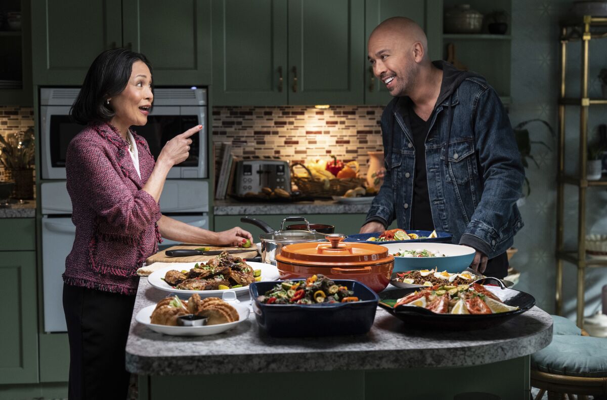 This image released by Universal Pictures shows Lydia Gaston, left, and Jo Koy in "Easter Sunday." 