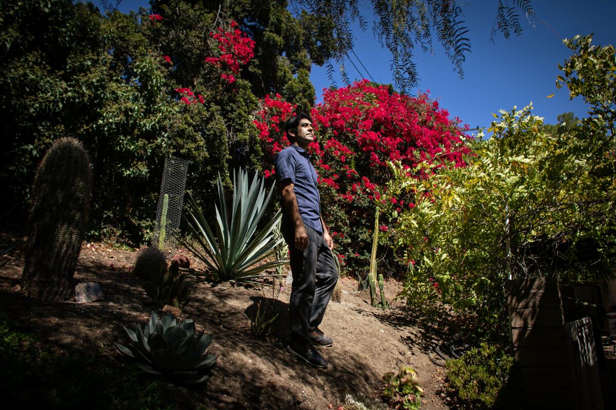 A man stands amid landscaping in his backyard