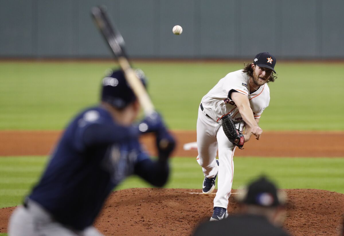 Houston Astros pitcher Gerrit Cole delivers against the Tampa Bay Rays.