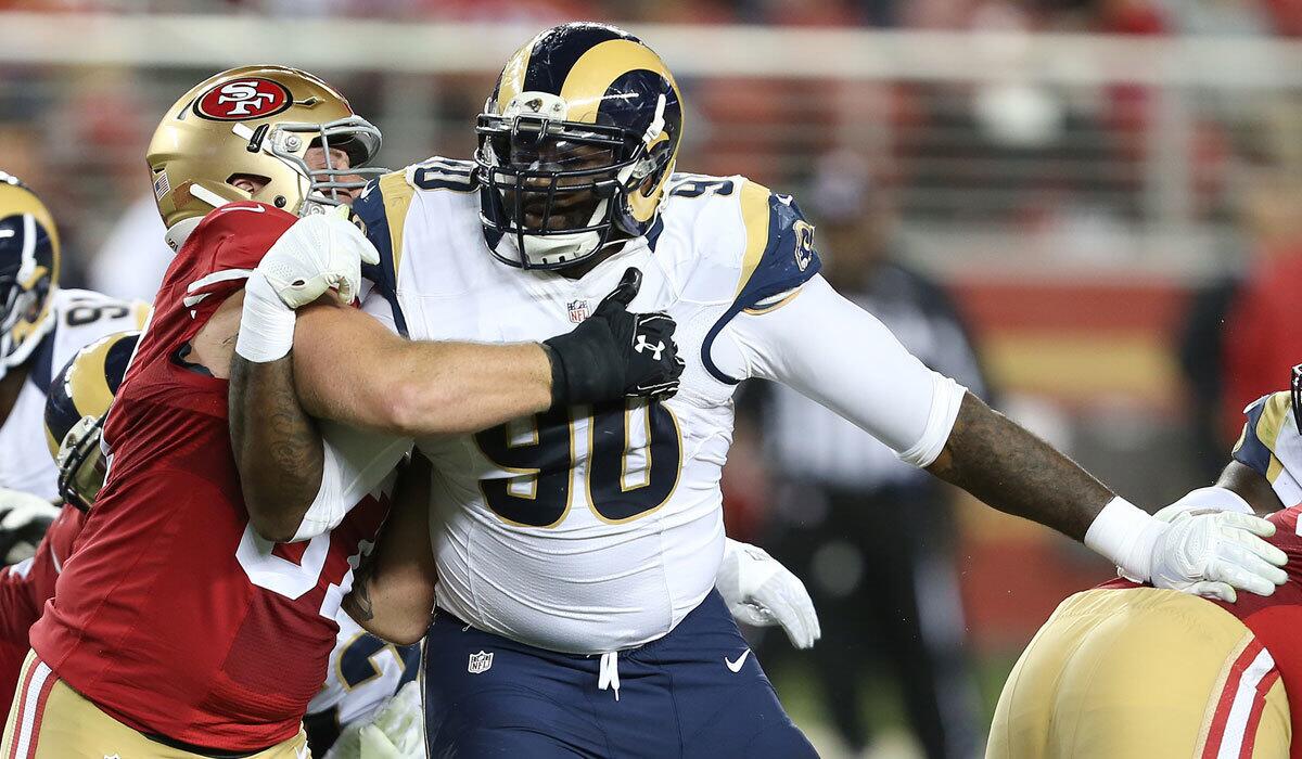 Michael Brockers plays for the Rams against San Francisco on Monday.