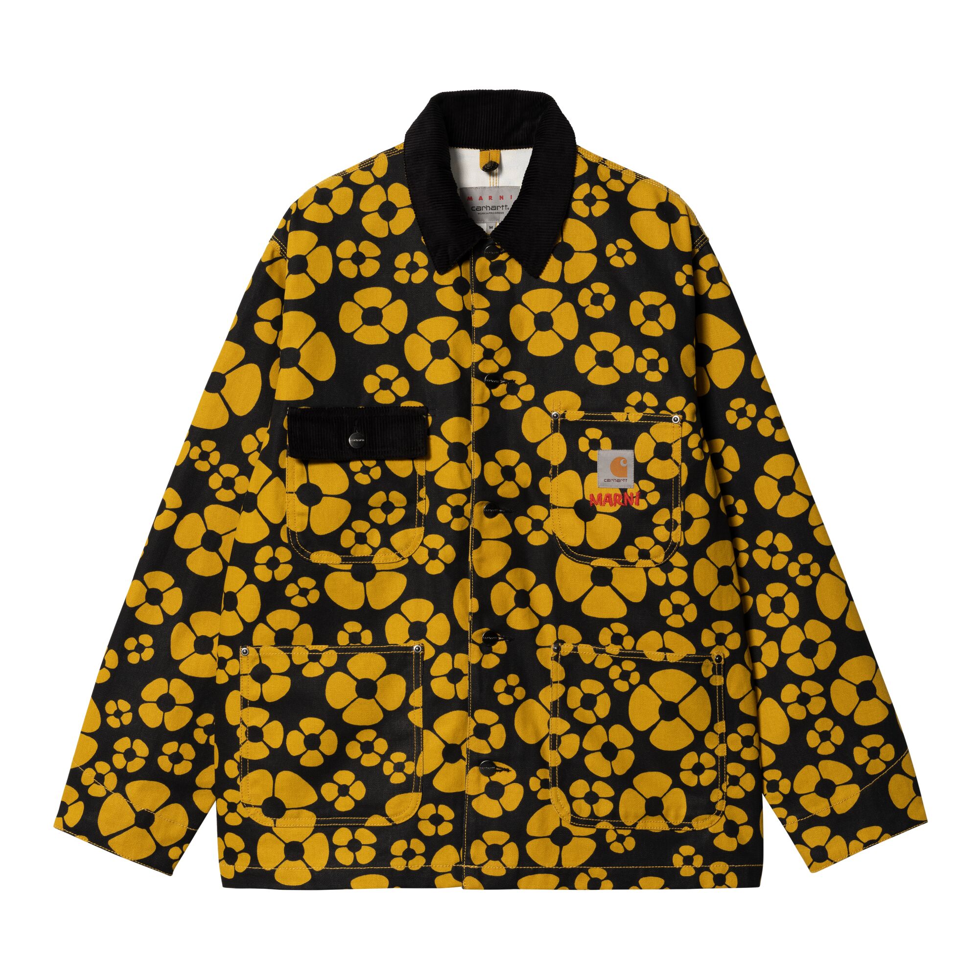 A jacket with a pattern of yellow flowers on a black background