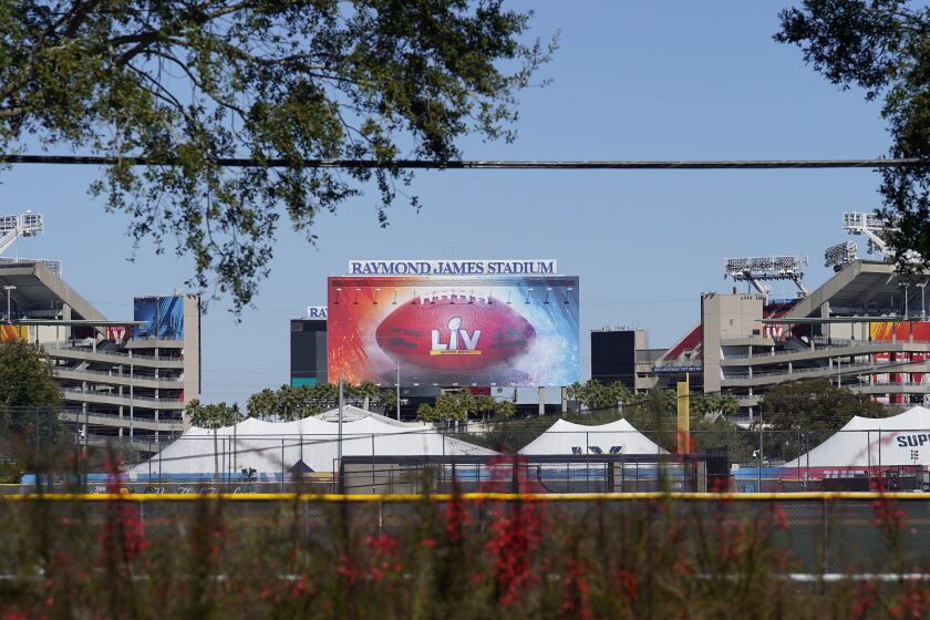 Raymond James Stadium, the site of Super Bowl LV, is shown Thursday, Jan. 28, 2021, in Tampa, Fla. The Tampa Bay Buccaneers play the Kansas City Chiefs on Feb. 7. (AP Photo/Chris O'Meara)