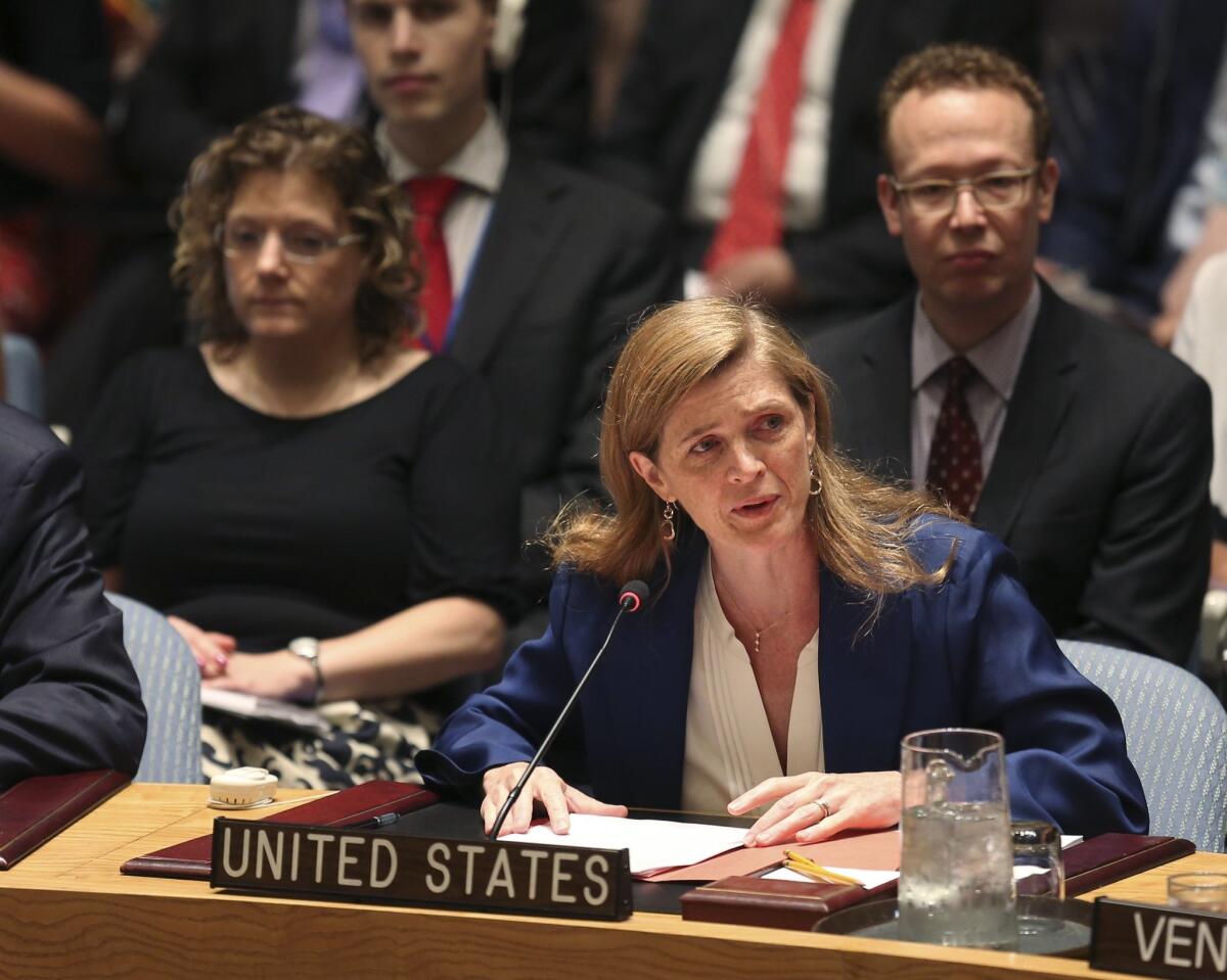 Samantha Power, U.S. ambassador to the United Nations, speaks after a vote in the Security Council at U.N. headquarters on Monday. The U.N. Security Council unanimously endorsed the landmark nuclear deal between Iran and six world powers and adopted a series of measures leading to the end of U.N. sanctions that have hurt the Iranian economy.